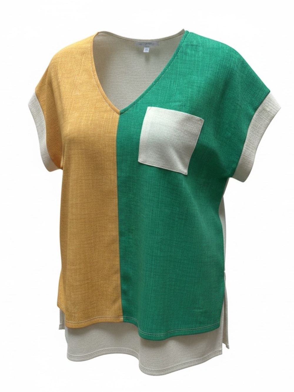 Ces Femme Colorblock V-Neck Top in Green, Mustard & Cream